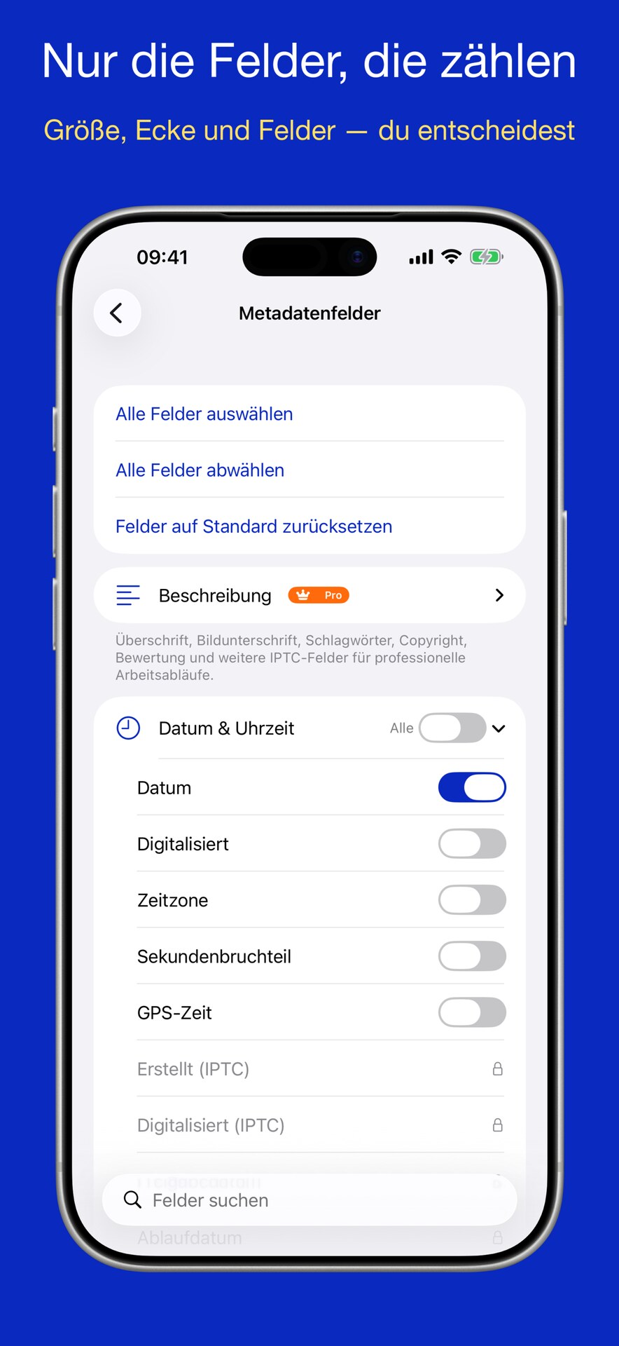 Auswahl der Metadatenfelder, die in der Überlagerung erscheinen